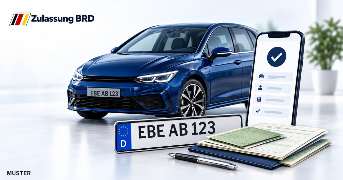 Online Fahrzeugzulassung in Markt Schwaben: Musterkennzeichen EBE AB 123, Auto und Fahrzeugpapiere und Smartphone. Illustration mit Logo von Zulassung BRD.